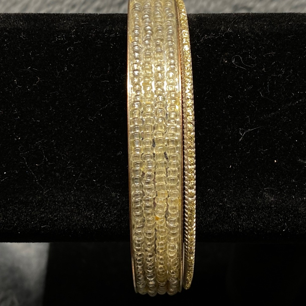 Beaded Bangle Bracelet Set Gold Tone Clear Seed Beads Stacking Bangles Women